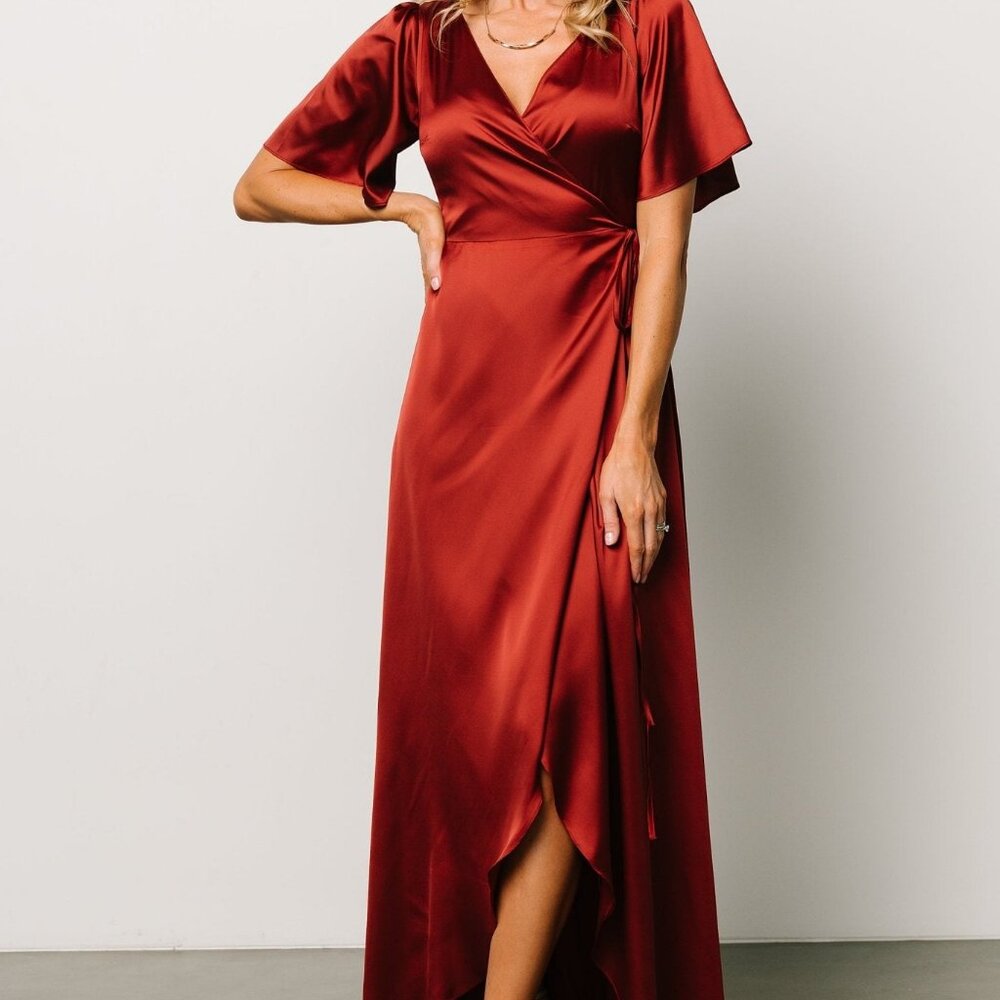 Baltic Born Vara Satin Maxi Wrap Dress | Terracotta Size LL